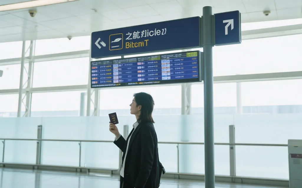 机场中转区指示牌与护照在手的旅行者，信息清晰、秩序感